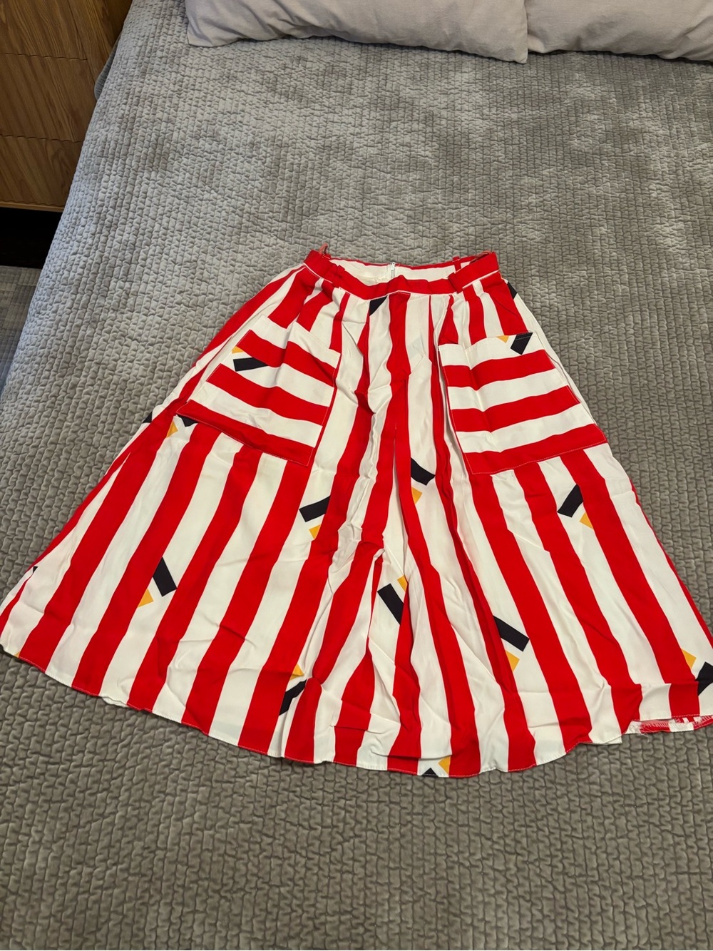 Vintage Bold Red and White Striped A-Line Skirt with Geometric Accents